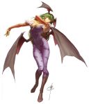  arched_back bangs bare_shoulders bat bat_wings boots breasts bridal_gauntlets capcom christine_choi cleavage demon_girl fur_trim green_hair head_wings highleg highleg_leotard knee_boots leotard long_hair looking_at_viewer morrigan_aensland official_art outstretched_arm pantyhose print_pantyhose purple_legwear short_hair signature simple_background solo standing succubus udon_entertainment vampire_(game) white_background wings 