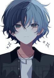  1boy aoyagi_touya blue_hair buttons closed_mouth collared_shirt commentary earrings hair_between_eyes highres jewelry looking_at_viewer male_focus miyotastic mole mole_under_eye multicolored_hair necklace official_alternate_costume official_alternate_hairstyle project_sekai shirt short_hair simple_background solo sparkle split-color_hair split_mouth two-tone_hair upper_body white_background white_shirt zozotown 