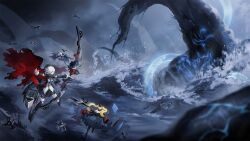  3girls aircraft azur_lane blonde_hair cape clouds cloudy_sky creature enterprise_(azur_lane) enterprise_(meta)_(azur_lane) fighting full_body game_cg highres hornet_(azur_lane) hornet_(meta)_(azur_lane) long_hair multiple_girls non-web_source rigging short_hair siren_(azur_lane) sky tentacles torn_cape torn_clothes twintails water white_hair yorktown_(azur_lane) yorktown_(meta)_(azur_lane) 