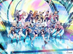  6+girls :d ;d animal_ears asymmetrical_clothes asymmetrical_sleeves black_pants black_shirt black_skirt boots cat_ears cat_girl cat_tail collared_shirt color-coded commentary_request company_name concert copyright_notice cropped_shirt demon_horns demon_tail detached_sleeves dog_ears dog_girl dog_tail elf full_body fuwawa_abyssgard hakui_koyori highres hololive hololive_english hololive_idol_uniform_(color_rise) hololive_indonesia horns idol idol_clothes kobo_kanaeru lace-up_boots long_hair looking_at_viewer midriff miniskirt mismatched_sleeves mococo_abyssgard multicolored_shirt multiple_girls nakiri_ayame navel nekomata_okayu ninomae_ina'nis official_alternate_costume official_art omaru_polka one_eye_closed oni pants platform_boots pointy_ears puffy_detached_sleeves puffy_short_sleeves puffy_sleeves r1zen rabbit_ears rabbit_girl rabbit_tail sheep_horns shirakami_fubuki shiranui_flare shirt short_hair short_sleeves siblings single_detached_sleeve single_pantsleg single_sleeve sisters skin-covered_horns skirt smile standing tail takane_lui thigh-highs tsunomaki_watame twins usada_pekora very_long_hair vestia_zeta virtual_youtuber white_shirt white_skirt white_thighhighs wolf_ears wolf_girl wolf_tail yukihana_lamy yuzuki_choco 