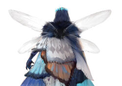  1boy cape colored_extremities commentary dragonfly_wings english_commentary fate/grand_order fate_(series) grey_hair highres male_focus oberon_(fate) oberon_(third_ascension)_(fate) patchwork_clothes renrenka_noi short_hair simple_background solo upper_body white_background 