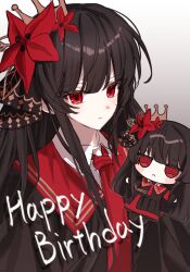  1girl :< black_hair black_shirt blunt_bangs chibi closed_mouth collared_shirt commentary crown flower gradient_background grey_background hair_flower hair_ornament happy_birthday highres jitome long_hair mahou_shoujo_no_majo_saiban necktie nikaido_hiro red_eyes red_flower red_necktie shirt solo suj278 upper_body 