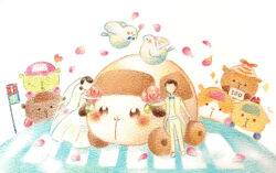  1boy 1girl bird bridal_veil character_request colored_pencil_(medium) commentary_request crosswalk dove flower highres holding holding_flower husband_and_wife molcar patrol_molcar petals potato_(pui_pui_molcar) pui_pui_molcar suit teddy_(pui_pui_molcar) traditional_media veil wedding wedding_molcar white_suit yukichi_0611 zombie_molcar 