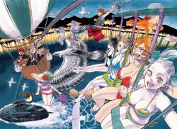  5boys 5girls aircraft bikini bird black_clover black_hair breasts broom broom_riding charlotte_roselei flying grey_hair highres hot_air_balloon large_breasts long_hair looking_at_viewer mereoleona_vermillion multiple_boys multiple_girls navel night noelle_silva official_art open_mouth orange_hair pink_eyes red_bikini red_hair seagull secre_swallowtail swimsuit tabata_yuuki teeth 