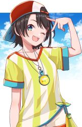  backwards_hat blue_eyes brown_hair hashtag-only_commentary hat highres hololive looking_at_viewer oozora_subaru oozora_subaru_(1st_costume) red_hat shirt shorts smile stopwatch stopwatch_around_neck striped_clothes striped_shirt v virtual_youtuber whistle whistle_around_neck white_shirt white_shorts yellow_shirt yokuto 