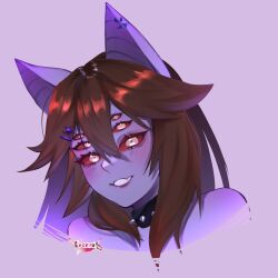  1girl animal_ears arthropod_girl artist_logo bat_earrings bat_ears brown_hair collar colored_sclera colored_skin commentary dante_will_(spider) earrings english_commentary extra_eyes hair_between_eyes highres jewelry kiranni1 logo medium_hair monster_girl neobaka purple_skin red_sclera smile spider_girl spiked_collar spikes 