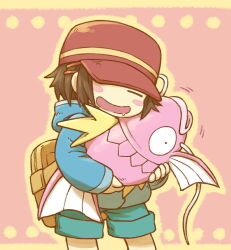  1other animal aqua_shorts backpack bag blush blush_stickers brown_bag brown_hair closed_eyes commentary_request drooling fish fuifui hair_ornament hairclip hat holding holding_animal holding_fish holding_pokemon hood hood_down lips long_sleeves magikarp one_eye_covered open_mouth outline pink_background pokemon pokemon:_magikarp_jump pokemon_(creature) protagonist_(magikarp_jump) red_hat saliva short_hair shorts smile yellow_outline 