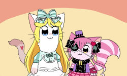  2girls :3 accurate_lolita_coord alice_(cat_busters) animal_ears black_bow blonde_hair blue_eyes body_fur bow cat_busters cat_ears cat_girl cat_tail cheshire_(cat_busters) classic_lolita club_(shape) commentary_request dress eyepatch flat_color furry furry_female green_bow green_dress hair_bow hair_ornament hat lace-trimmed_bow lace_trim lolita_fashion long_hair low_twintails mini_hat mini_top_hat multiple_girls parody poptepipic purple_fur purple_hair simple_background spade_hair_ornament striped_tail style_parody tail top_hat twintails upper_body very_long_hair violet_eyes wataboshi whiskers white_fur 