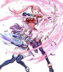  2girls armor arrow_(projectile) attack belt black_thighhighs blue_boots blue_cape blue_gloves blue_thighhighs blush boots bow_(weapon) breastplate breasts brown_belt cape circlet dagger dress elbow_gloves fighting_stance fingerless_gloves fire_emblem fire_emblem:_the_blazing_blade fire_emblem:_three_houses fire_emblem_heroes florina_(fire_emblem) florina_(skyward_wings)_(fire_emblem) gloves gomashio_ponz green_eyes hairband headband highres hilda_valentine_goneril hilda_valentine_goneril_(skyward_wings) holding holding_bow_(weapon) holding_dagger holding_knife holding_weapon knife long_hair looking_at_viewer multiple_girls non-web_source official_alternate_costume official_art open_mouth pink_dress pink_eyes pink_hair purple_hair quiver sheath short_sleeves shoulder_armor simple_background smile thigh-highs thigh_boots twintails weapon white_background white_cape white_dress white_hairband white_headband 