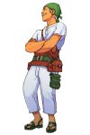  advance_wars advance_wars:_dual_strike bag bandana bee_(advance_wars) belt belt_pouch closed_eyes crossed_arms feet highres hirata_ryou male nintendo official_art pouch profile sandals satchel short_hair sideburns simple_background smile solo standing tan white_hair 