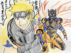  1boy absurdres alternate_universe armor belt blonde_hair blue_eyes bodysuit commentary_request facial_mark flak_jacket forehead_protector helmet highres holding igomaru jacket kamen_rider kamen_rider_shinobi kamen_rider_zi-o_(series) konohagakure_symbol male_focus naruto_(series) naruto_shippuuden ninja orange_armor orange_bodysuit orange_helmet rider_belt short_hair smile spiky_hair tokusatsu uzumaki_naruto whisker_markings 