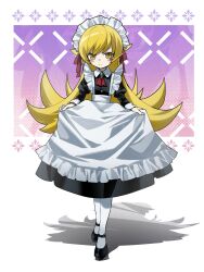  1girl apron black_dress black_shoes blonde_hair blush_stickers curtsey dress full_body hair_flaps hair_ribbon highres long_sleeves looking_at_viewer maid maid_apron maid_headdress monogatari_(series) myuga66666 neckerchief oshino_shinobu red_neckerchief red_ribbon ribbon shadow shoes solo standing white_background yellow_eyes 