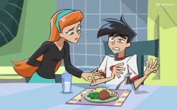  1boy 1girl aqua_hairband aqua_pants artist_name black_hair black_shirt blue_eyes brother_and_sister clenched_teeth danny_fenton danny_phantom dragonno1412 food fork glass hairband highres indoors jasmine_fenton long_hair orange_hair pants plate shirt short_hair short_sleeves siblings teeth toon_(style) white_shirt 