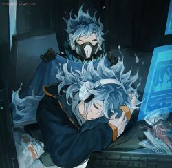 2boys black_shirt blanket blue_hair brothers chair commentary computer_keyboard covering_with_blanket english_commentary fiery_hair hair_between_eyes head_down headphones highres holding holding_blanket holographic_interface idia_shroud kaimen_mo long_sleeves male_focus mask multiple_boys ortho_shroud shirt short_hair siblings sitting sleeping twisted_wonderland 