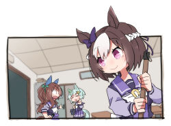  3girls animal_ears beer_hsk blurry blurry_background blush bow brown_hair closed_mouth depth_of_field desk ear_bow flower green_bow grey_hair hair_flower hair_ornament hairclip horse_ears horse_girl horse_tail indoors king_halo_(umamusume) long_hair long_sleeves multicolored_hair multiple_girls one_side_up pleated_skirt puffy_long_sleeves puffy_sleeves purple_bow purple_shirt purple_skirt school_desk school_uniform seiun_sky_(umamusume) shirt skirt sliding_doors smile special_week_(umamusume) tail tracen_school_uniform two-tone_hair umamusume violet_eyes white_bow white_hair yellow_flower 