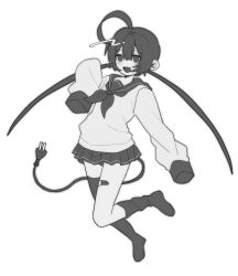  1girl :d absurdres ahoge arched_back arm_at_side asymmetrical_legwear bandaid_on_thigh center-flap_bangs double-parted_bangs electric_plug electric_plug_tail empty_eyes fang flat_chest full_body hair_between_eyes hand_up hashtag-only_commentary high_contrast highres huge_ahoge jitome kneehighs long_hair long_sleeves looking_at_viewer low_twintails miniskirt my_loleeta neckerchief no_pupils open_mouth original pleated_skirt puffy_long_sleeves puffy_sleeves sailor_collar school_uniform shirt simple_background single_kneehigh single_sock single_thighhigh skin_fang skirt sleeve_cuffs sleeves_past_fingers sleeves_past_wrists smile socks standing standing_on_one_leg tail thigh-highs tongue twintails very_long_hair white_background 