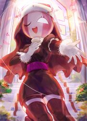  1girl ;d absurdres backlighting belt black_dress black_thighhighs black_veil blank_eyes breasts bush colored_skin commentary_request cowboy_shot cross_hat_ornament curtains dress falling_petals flower foreshortening friday_night_funkin' frilled_sleeves frills from_below gloves hand_on_own_chest highres juliet_sleeves lace-trimmed_gloves lace_trim legwear_garter light_particles long_sleeves looking_at_viewer nun one_eye_closed open_mouth pencil_dress petals pink_belt pink_petals potaa puffy_sleeves reaching reaching_towards_viewer red_flower round_teeth sarvente_(friday_night_funkin') short_dress small_breasts smile solo stairs standing standing_on_one_leg teeth thigh-highs tongue twitter_username upper_teeth_only veil white_gloves white_skin window zettai_ryouiki 