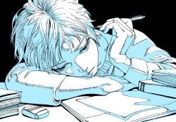  1boy commentary_request eraser expressionless head_rest holding holding_pen kingrun male_focus monochrome original pen simple_background solo sweater upper_body 