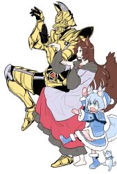  1girl absurdres animal_ear_fluff animal_ears armor barefoot blue_boots blue_capelet blue_eyes blue_hair blue_hat blue_skirt boots brooch brown_hair brown_nails capelet character_request commentary_request copyright_request dress fang full_body fur-trimmed_boots fur-trimmed_skirt fur-trimmed_sleeves fur_trim grey_dress hat highres imaizumi_kagerou jewelry leg_up long_hair long_sleeves mittens oninamako posing red_mittens simple_background skirt standing standing_on_one_leg tail toes touhou very_long_hair white_background wide_sleeves wolf_ears wolf_girl wolf_tail 