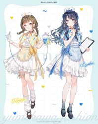  2girls argyle_clothes argyle_jacket black_choker blue_eyes blue_hair brown_hair character_name choker clipboard commentary_request frilled_skirt frilled_thigh_strap frills full_body grid_background group_name half_updo hat heart heart_o-ring heart_ring_choker highres holding holding_clipboard intravenous_drip jacket kachimachi_kosuzu link!_like!_love_live! long_hair looking_at_viewer love_live! low_twintails medium_skirt multi-tied_hair multiple_girls murano_sayaka nurse_cap o-ring o-ring_choker official_art orange_eyes outside_border shirt short-sleeved_jacket short_sleeves skirt tadano_yukiko thigh_strap twintails virtual_youtuber white_background white_hat white_shirt white_skirt yume_kawaii 