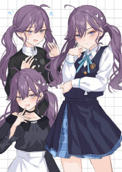  1girl ahoge bags_under_eyes black_choker black_jacket black_overskirt black_shirt black_skirt black_vest blue_eyes blue_ribbon blue_skirt blush braid butterfly_hair_ornament choker collarbone flying_sweatdrops gakuen_idolmaster gokugetsu_academy_school_uniform grid_background hair_ornament hatsuboshi_gakuen_school_uniform highres idolmaster jacket kaya_rinha kuramoto_beta-carotene looking_ahead looking_at_viewer multiple_views neck_ribbon off-shoulder_shirt off_shoulder official_alternate_costume purple_hair ribbon school_uniform shirt skirt smile twintails vest white_shirt 