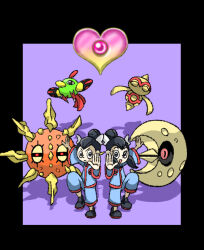  aqua_jacket aqua_pants badge badge_(pokemon) baltoy black_border black_eyes black_hair black_sclera black_shoes border brother_and_sister closed_eyes closed_mouth colored_sclera commentary_request daisuke_umiushi eyelashes floating full_body hair_bun hair_ribbon jacket liza_(pokemon) long_hair long_sleeves lunatone matching_outfits mind_badge natu open_mouth pants pink_eyes pointy_nose pokemon pokemon_(creature) pokemon_rse purple_background red_eyes ribbon shadow shoes short_hair siblings sidelocks simple_background single_hair_bun smile solrock standing standing_on_one_leg tate_(pokemon) toon_(style) twins v-shaped_eyebrows white_ribbon yellow_eyes 