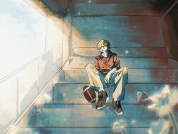  1boy american_football_(object) american_football_uniform ball black_hoodie black_shoes bleachers blonde_hair blue_eyes blue_sky blurry brown_pants chromatic_aberration clouds cloudy_sky day degrees_of_lewdity drawstring flower full_body grin hair_over_one_eye head_tilt highres hood hoodie jersey light_particles looking_at_viewer male_focus one_eye_covered outdoors pants parted_bangs petals red_shirt shirt shirt_over_hoodie shoes short_hair short_sleeves sidelighting sitting sky smile sneakers solo sportswear white_flower white_petals whitney_(degrees_of_lewdity) whitney_(male)_(degrees_of_lewdity) wide_shot wolf_cut xixidong57237 