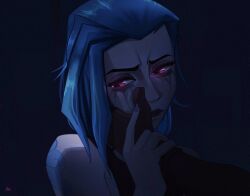  1girl arcane:_league_of_legends arcane_jinx blue_background blue_hair closed_mouth commentary english_commentary hand_on_another's_cheek hand_on_another's_face highres holding_hands jinx_(league_of_legends) league_of_legends long_hair looking_to_the_side makeup portrait runny_makeup sad shibansfw solo solo_focus violet_eyes 