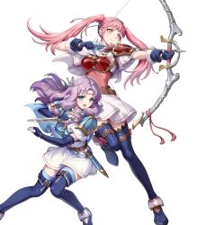  2girls armor arrow_(projectile) attack belt black_thighhighs blue_boots blue_cape blue_gloves blue_thighhighs blush boots bow_(weapon) breastplate breasts brown_belt cape circlet dagger dress elbow_gloves fighting_stance fingerless_gloves fire_emblem fire_emblem:_the_blazing_blade fire_emblem:_three_houses fire_emblem_heroes florina_(fire_emblem) florina_(skyward_wings)_(fire_emblem) gloves gomashio_ponz green_eyes hairband headband highres hilda_valentine_goneril hilda_valentine_goneril_(skyward_wings) holding holding_bow_(weapon) holding_dagger holding_knife holding_weapon knife long_hair looking_at_viewer multiple_girls non-web_source official_alternate_costume official_art open_mouth pink_dress pink_eyes pink_hair purple_hair quiver sheath short_sleeves shoulder_armor simple_background smile thigh-highs thigh_boots twintails weapon white_background white_cape white_dress white_hairband white_headband 