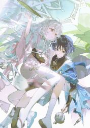  1boy 1girl arm_around_waist arm_at_side armor artist_request asymmetrical_legwear black_bodysuit black_bridal_gauntlets black_hair black_sandals black_shorts blue_cape blue_eyes blue_gem blue_kimono blue_sleeves blunt_ends bodysuit bow breasts bridal_gauntlets cape carrying carrying_person choppy_bangs closed_mouth commission commissioner_insert couple eyelashes fingernails floating floating_object flower flower_ornament furisode gem genshin_impact gold_ring hair_bow hakama hakama_shorts hand_on_another's_stomach hand_up hayami_momo_(hayamimomo) hetero highres holding holding_kettle japanese_armor japanese_clothes juban kettle kimono kimono_skirt kneehighs kote kurokote layered_sleeves leg_warmers long_hair looking_down looking_to_the_side maid mandarin_collar middle_ring motion_blur obi obiage obijime oc_x_canon okobo open_clothes open_hands open_kimono open_mouth original pink_bow pink_eyes pink_flower pink_sash pink_skirt pink_sleeves platform_sandals pleated_shorts sandals sash scaramouche_(genshin_impact) second-party_source short_sleeves shorts shoulder_peek single_kneehigh single_sock single_thighhigh skirt small_breasts socks stirrup_legwear tassel tasuki thigh-highs three-quarter_sleeves toeless_legwear tray tsurime uneven_legwear very_long_hair vision_(genshin_impact) wa_maid wanderer_(genshin_impact) white_bow white_hair white_kimono white_leg_warmers white_sleeves white_socks white_thighhighs white_trim zouri 