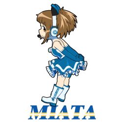  1girl alpha_transparency arms_behind_back blue_dress blue_gloves boots breasts brown_eyes brown_hair commentary death_by_lolis dress elbow_gloves english_commentary frilled_dress frills gloves headset highres knee_boots mazda_mx-5 medium_breasts original personification short_dress sideways_glance solo thigh_strap transparent_background twintails white_boots 