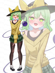  1girl adapted_costume black_hat black_pantyhose blush bow collarbone contemporary full_body green_eyes green_hair green_skirt hat hat_bow heaven4014 highres komeiji_koishi looking_at_viewer medium_hair open_mouth pantyhose plaid_clothes plaid_skirt skirt solo standing sweater third_eye touhou v yellow_bow yellow_sweater zoom_layer 