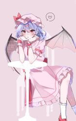  1girl absurdres ascot bat_wings blue_hair blush chair commentary_request elbow_on_table hair_between_eyes hat hat_ribbon heart hidukihumi highres mary_janes mob_cap open_mouth pink_hat pink_shirt pink_skirt puffy_short_sleeves puffy_sleeves red_ascot red_eyes red_ribbon red_shoes remilia_scarlet ribbon shirt shoes short_hair short_sleeves signature simple_background sitting skirt skirt_set solo spoken_heart table touhou wings wrist_cuffs 