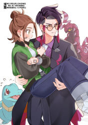  1boy 1girl bandaid bandaid_on_face black_coat black_hair black_pants brown_eyes brown_hair carrying coat collared_shirt commentary_request corbeau_(pokemon) eyelashes flying_sweatdrops glasses green_jacket hair_bun harmony_(pokemon) initial-o jacket necktie open_clothes open_jacket pants pokemon pokemon_(creature) pokemon_legends:_z-a princess_carry purple_shirt round_eyewear scolipede shirt sunglasses totodile watermark 