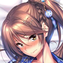  1girl amakano_~second_season~ bed_sheet blue_kimono blush braid brown_hair closed_mouth commentary_request cropped embarrassed eyes_visible_through_hair hair_between_eyes hair_ornament hairclip ichinose_honami_(amakano) japanese_clothes kimono looking_at_viewer lying official_art on_back piromizu solo yellow_eyes 