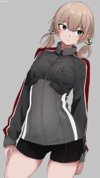  1girl adapted_costume anchor_hair_ornament black_shorts blonde_hair blue_eyes contrapposto cowboy_shot grey_background grey_jacket hair_ornament highres jacket kantai_collection long_hair low_twintails miron_(mirona33) prinz_eugen_(kancolle) shorts simple_background solo twintails 