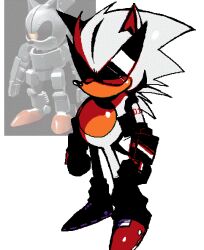  1boy clenched_hands commentary english_commentary looking_at_viewer male_focus mecha_sonic_mki photo-referenced randalcarnicer red_shoes redesign robot shoes simple_background solo sonic_(series) sonic_the_hedgehog_(classic) sunglasses white_background 