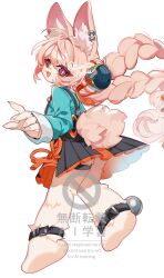  1girl ahoge animal_ear_fluff animal_ear_piercing animal_ears animal_feet anklet black_dress braid braided_twintails bright_pupils commentary_request dress floating_hair from_side furry furry_female green_shirt hair_between_eyes hair_ornament highres jewelry long_hair looking_at_viewer open_mouth pinafore_dress pink_fur pink_hair rabbit_ears rabbit_girl rabbit_tail red_hair screw shirt short_eyebrows simple_background sleeveless sleeveless_dress solo sphere_hair_ornament tail teeth thick_eyebrows twitter_username upper_teeth_only white_background white_pupils zenless_zone_zero zhao_(zenless_zone_zero) zunda_kaku 