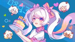  1girl animal_ears awsj7858 blush bow cake commentary_request food goat_ears goat_horns hair_bow hair_intakes horns long_hair looking_at_viewer mei_yangyang pink_bow pink_eyes pink_horns pink_scarf scarf solo upper_body white_hair xiyangyang_yu_huitailang 