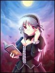  book breasts choker cleavage flower frills glasses goth gothic gothic_lolita hair_ribbon hair_ribbons hairband lolita_fashion lolita_headband long_hair maxwindy original petals red_eyes ribbon ribbons rose roses rozen_maiden silver_hair sky smile solo suigintou sun 