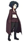  :d advance_wars:_dual_strike afro black_eyes black_hair boots cat_(advance_wars) crop_top flat_chest hand_in_pocket highres hirata_ryou knee_boots lash lash_(advance_wars) legwear_under_shorts lips midriff military military_uniform navel nintendo official_art open_clothes open_mouth pantyhose short_hair short_shorts shorts simple_background smile solo standing tank_top trench_coat uniform 