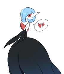  1girl alternate_color arm_at_side backless_dress backless_outfit bare_shoulders black_dress black_gloves bob_cut colored_skin commentary_request dress einni elbow_gloves from_side gardevoir gloves green_hair hair_over_one_eye happy heart highres long_dress looking_at_viewer mega_gardevoir mega_pokemon one_eye_covered open_mouth pokemon pokemon_(creature) red_eyes shiny_pokemon short_hair simple_background smile solo speech_bubble spoken_heart standing white_background white_skin 