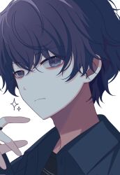  1other androgynous asahina_mafuyu closed_mouth collared_shirt commentary english_commentary hand_up highres looking_at_viewer miyotastic project_sekai purple_hair shirt short_hair simple_background solo sparkle violet_eyes white_background zozotown 