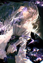  1girl absurdres arknights backlighting ball black_background black_hairband black_pantyhose black_skirt book brown_hair chinese_commentary closed_mouth coat commentary_request cowboy_shot diamond_(shape) glowing hairband hand_up highres holding holding_ball holding_book long_hair long_sleeves looking_at_viewer one_eye_covered pantyhose priestess_(arknights) skirt solo standing violet_eyes white_coat xiang_chi_tongxinfen 