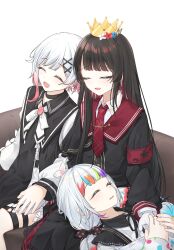  3girls absurdres armband black_capelet black_choker black_dress black_hair black_shirt blunt_bangs bow capelet choker closed_eyes commentary_request crown dress hair_ornament highres holding_hands ise_dango jogasaki_noah lap_pillow long_hair long_sleeves lying mahou_shoujo_no_majo_saiban multi-tied_hair multicolored_hair multiple_girls neck_ribbon necktie nikaido_hiro on_back open_mouth polka_dot polka_dot_bow red_armband red_necktie ribbon sakuraba_ema shirt short_hair sitting smile streaked_hair white_background white_hair white_ribbon x_hair_ornament 
