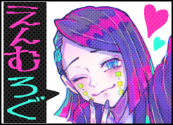  1boy :3 aegyo_sal asymmetrical_bangs ben-day_dots black_hair black_jacket blue_eyes blush buttons character_name closed_mouth colored_tips commentary_request demon_boy enmu_(kimetsu_no_yaiba) facial_mark finger_to_mouth hakakochan heart highres inward_v jacket kimetsu_no_yaiba long_sleeves looking_at_viewer male_focus medium_hair multicolored_hair one_eye_closed portrait screentones selfie smile solo speech_bubble suit_jacket symbol-shaped_pupils tears_facial_mark translated trap undershirt v white_background 