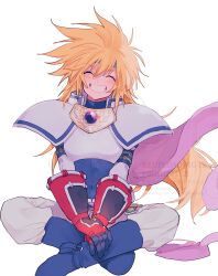  1boy absurdres arm_belt armor blonde_hair blue_bodysuit blue_boots blush bodysuit boots cape closed_eyes fingerless_gloves gloves green_headband grin hair_between_eyes headband highres indian_style long_hair male_focus nancykittyu pants pink_cape simple_background sitting smile solo stahn_aileron tales_of_(series) tales_of_destiny white_background white_pants 