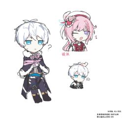  1boy 1girl ? ahoge beret black_coat black_pants blue_eyes bound chinese_commentary coat commentary_request elysia_(hi_love_elf)_(honkai_impact) elysia_(honkai_impact) hat headpat highres honkai_(series) honkai_impact_3rd kevin_kaslana long_hair multicolored_hair multiple_views nibabaqiuye pants pink_ribbon purple_hair ribbon short_hair simple_background tied_up_(nonsexual) two-tone_hair very_long_hair violet_eyes white_background white_hair 