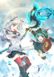  2girls absurdres artist_request bungo_yayoi crab_claw double_bun eyepatch fake_horns green_eyes green_hair hair_bun heaven_burns_red helmet highres holding holding_weapon horned_helmet horns multiple_girls red_eyes short_hair skirt thigh-highs weapon yamawaki_bon_ivar yellow_eyes 