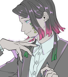  1boy absurdres asymmetrical_bangs black_jacket buttons closed_mouth colored_tips commentary_request demon_boy enmu_(kimetsu_no_yaiba) facial_mark finger_to_own_chin fingernails from_side green_eyes hands_up highres jacket kimetsu_no_yaiba long_fingernails long_sleeves looking_ahead male_focus medium_hair multicolored_hair profile ryosei_0207 sharp_fingernails simple_background smirk solo suit_jacket symbol-shaped_pupils tears_facial_mark trap twitter_username undershirt upper_body white_background 